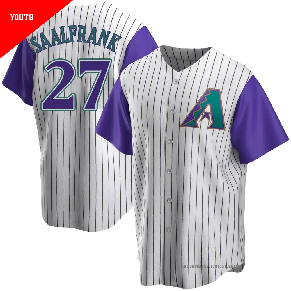Youth ＃27 Andrew Saalfrank Arizona Diamondbacks Purple Replica Cream/ Alternate Cooperstown Collection Jersey